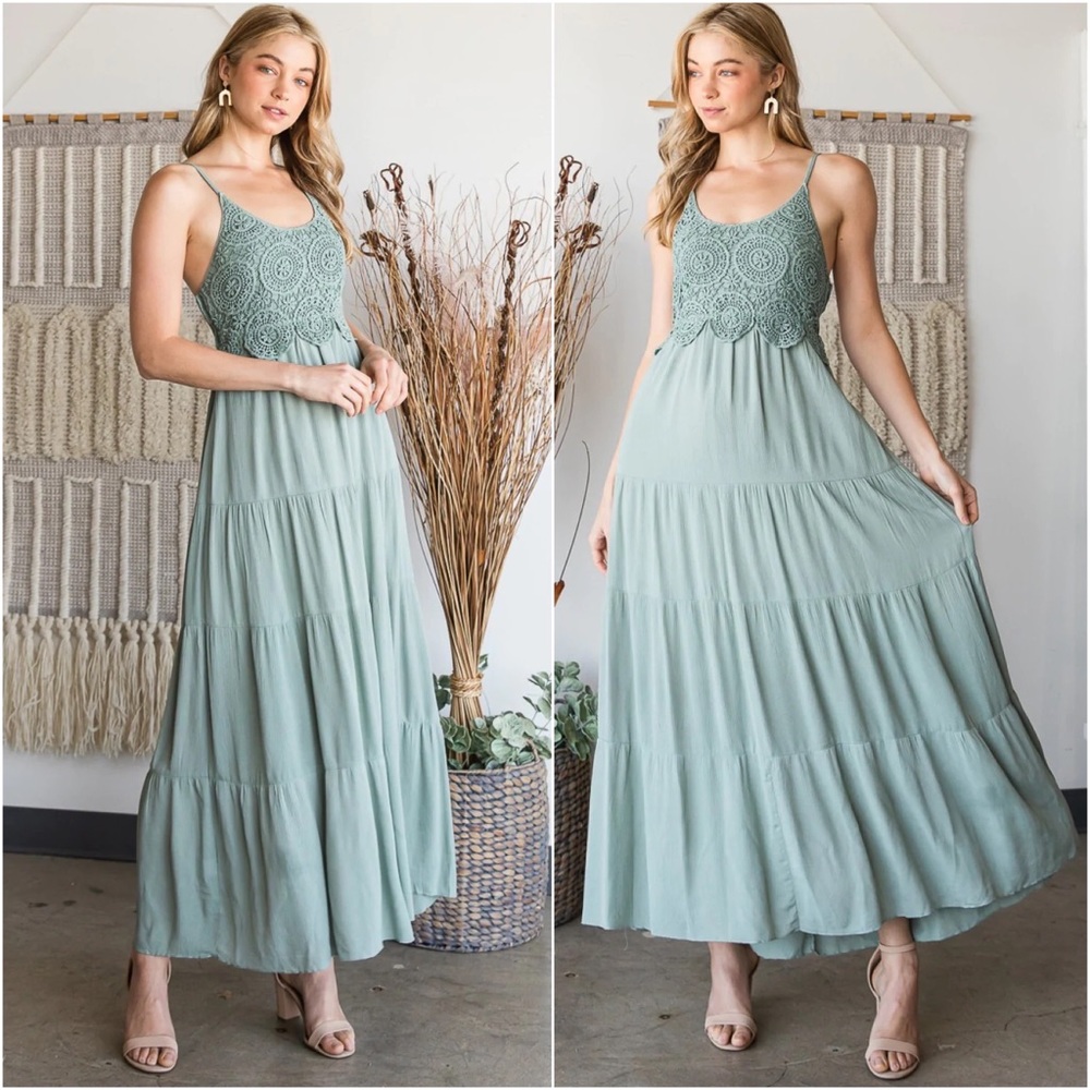 1 LEFT! Sage Green Crochet Lace Long Maxi Dress Smocked - Picture 5 of 6